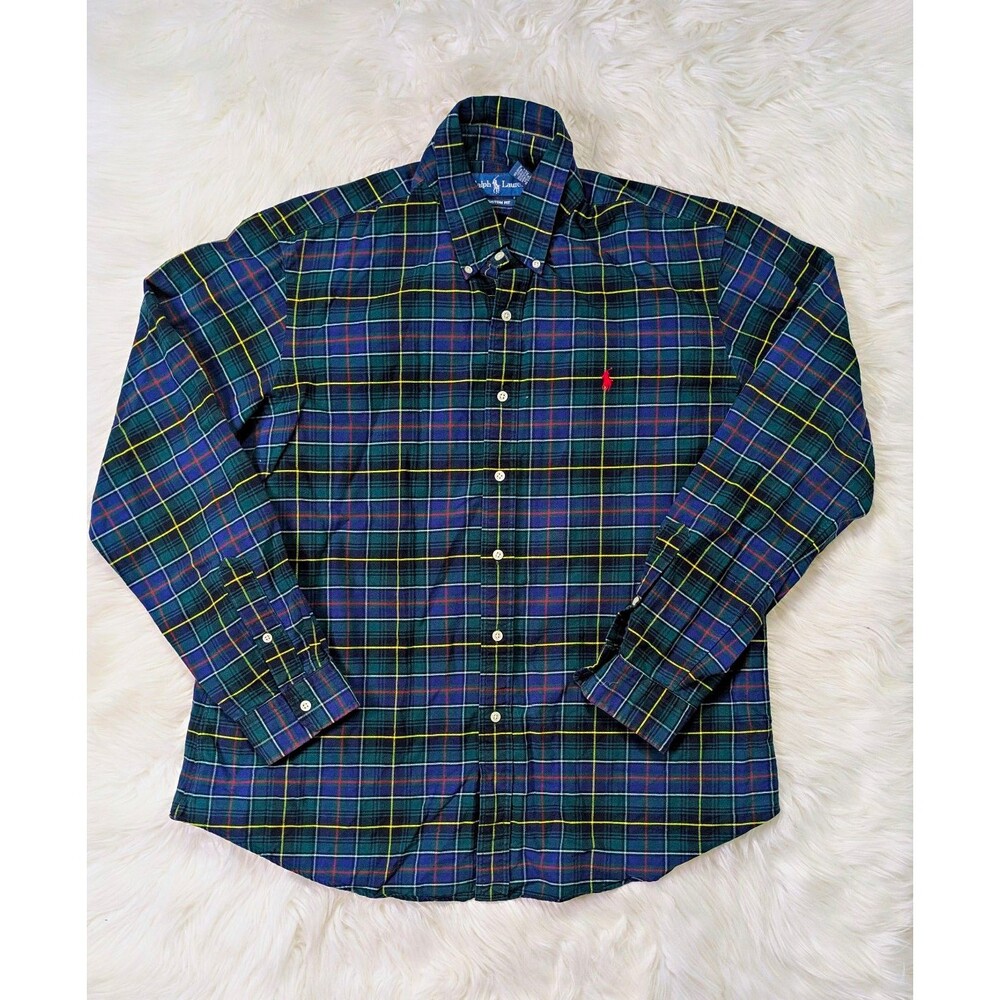 Ralph Lauren Mens XL Custom Fit Plaid Button Down Shirt Blue Green Pony Polo